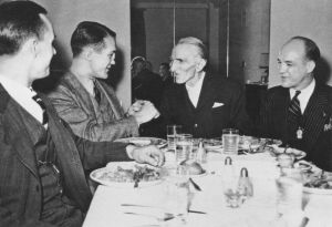 Tesla meets King Peter II of Yugoslavia on July 15, 1942. Tesla's nephew, Sava Kosanović, is third from the left